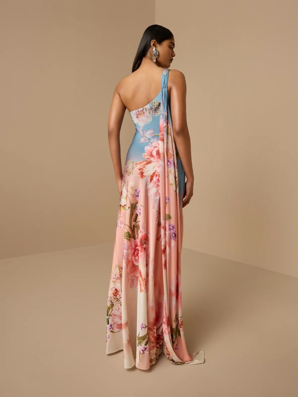 HEMANT & NANDITA One-Shoulder Ombre Floral Gown in Blue and Pink - Picture 4 of 10